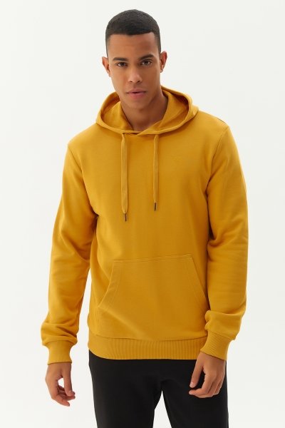 BİLCEE - Erkek Sarı Kapüşonlu Kanguru Cepli Pamuklu Sweatshirt 8755