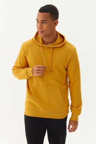 Erkek Sarı Kapüşonlu Kanguru Cepli Pamuklu Sweatshirt 8755