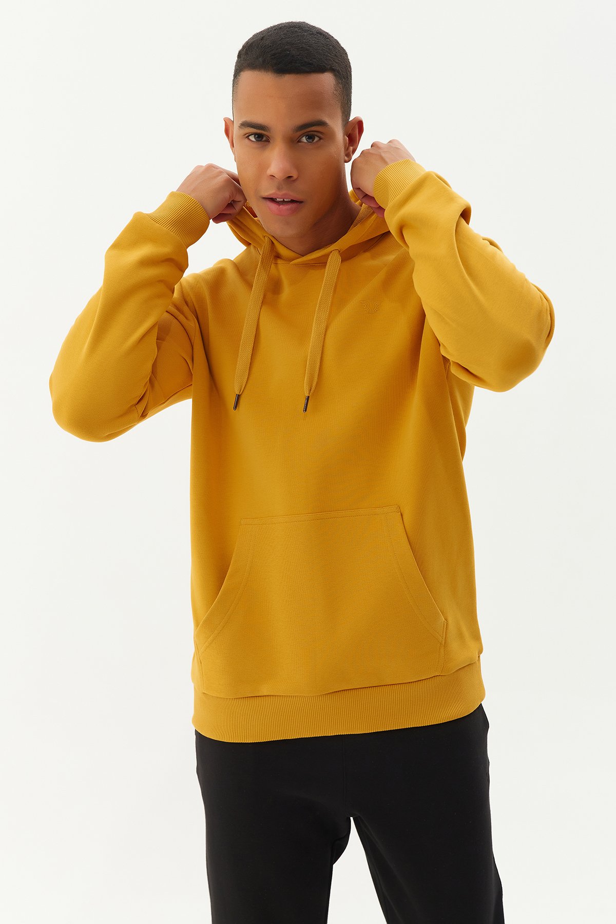 Erkek Sarı Kapüşonlu Kanguru Cepli Pamuklu Sweatshirt 8755