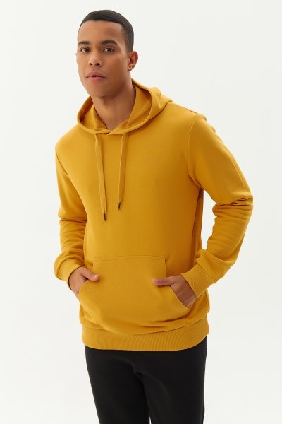 Sarı Erkek Kapüşonlu Kanguru Cepli Pamuklu Spor Düz Sweatshirt 8755