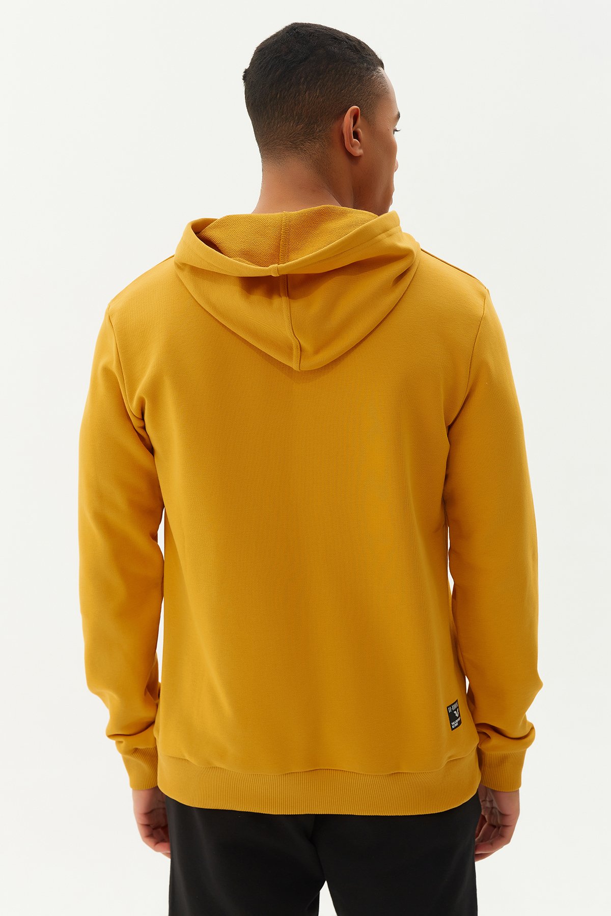 Sarı Erkek Kapüşonlu Kanguru Cepli Pamuklu Spor Düz Sweatshirt 8755