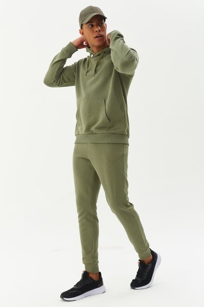 Erkek Yeşil Kapüşonlu Kanguru Cepli Pamuklu Spor Düz Sweatshirt 8755