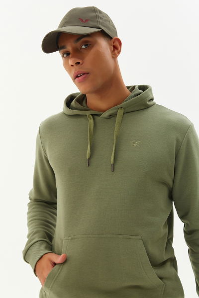 Erkek Yeşil Kapüşonlu Kanguru Cepli Pamuklu Spor Düz Sweatshirt 8755