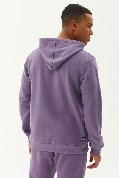 Erkek Mor Kapüşonlu Kanguru Cepli Pamuklu Spor Düz Sweatshirt 8755