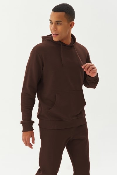 BİLCEE - Erkek Kahverengi Kapüşonlu Kanguru Cepli Pamuklu Sweatshirt 8755