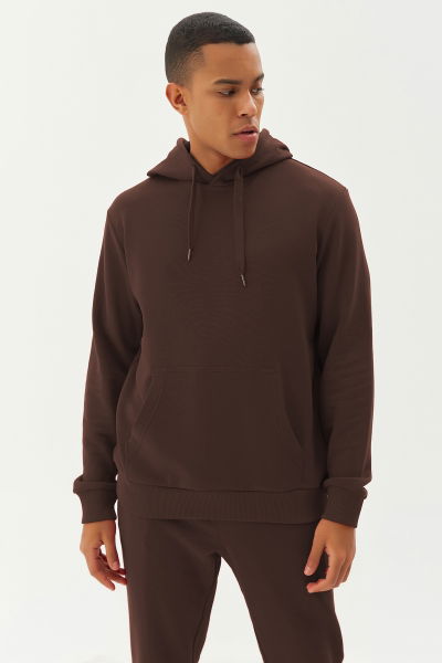 Erkek Kahverengi Kapüşonlu Kanguru Cepli Pamuklu Spor Düz Sweatshirt 8755