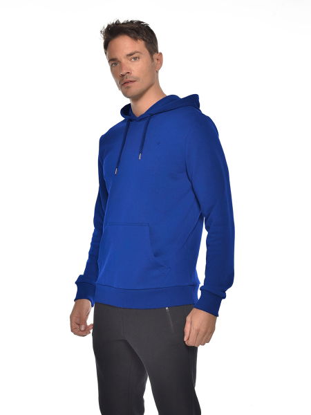 Erkek Saks Mavi Kapüşonlu Kanguru Cepli Pamuklu Spor Düz Sweatshirt 8755