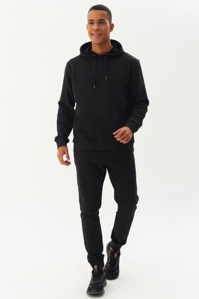 Erkek Siyah Kapüşonlu Kanguru Cepli Pamuklu Sweatshirt 8755