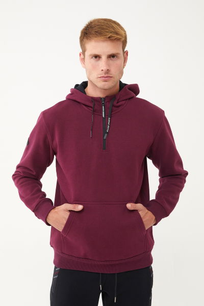 Erkek Bordo Kapüşonlu Yarım Fermuarlı Kanguru Cepli Sweatshirt 1546 