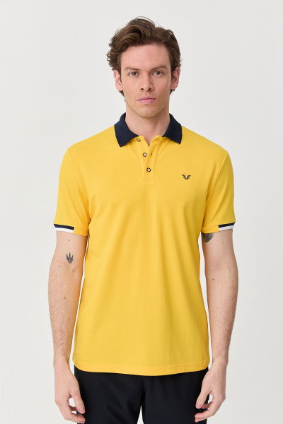 Erkek Koyu Sarı Pamuklu Polo Yakalı Kısa Kollu Tişört | 9710 