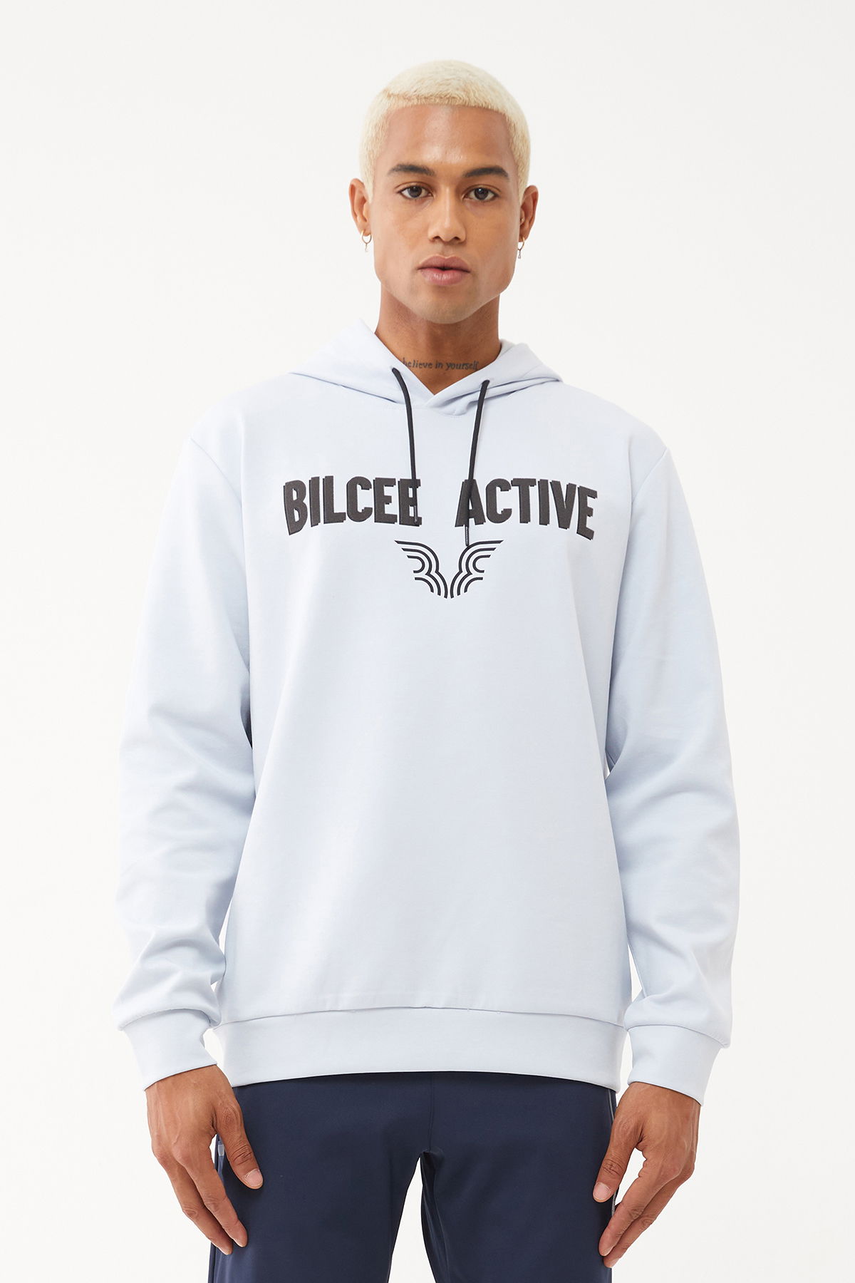 Erkek Açık Gri Kapüşonlu Baskılı Sweatshirt | 1541 - BİLCEE (1)
