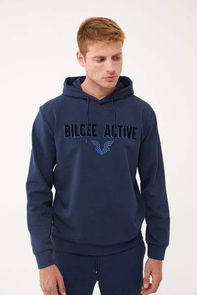 Erkek Lacivert Kapüşonlu Baskılı Sweatshirt | 1541 