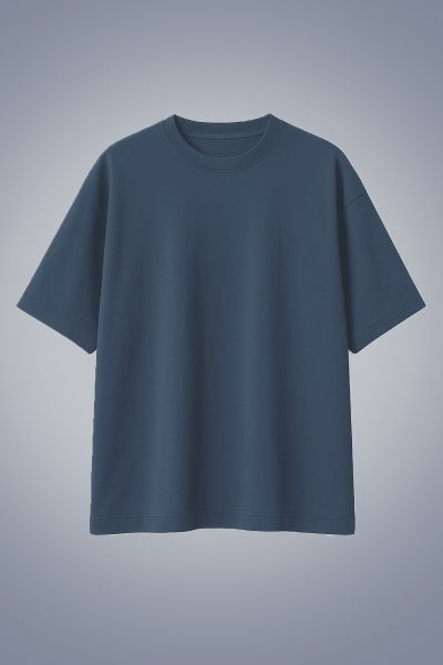 Erkek İndigo Basic Düz Pamuklu Ağır Kumaş Geniş Kalıp Oversize Tişört | 4581 