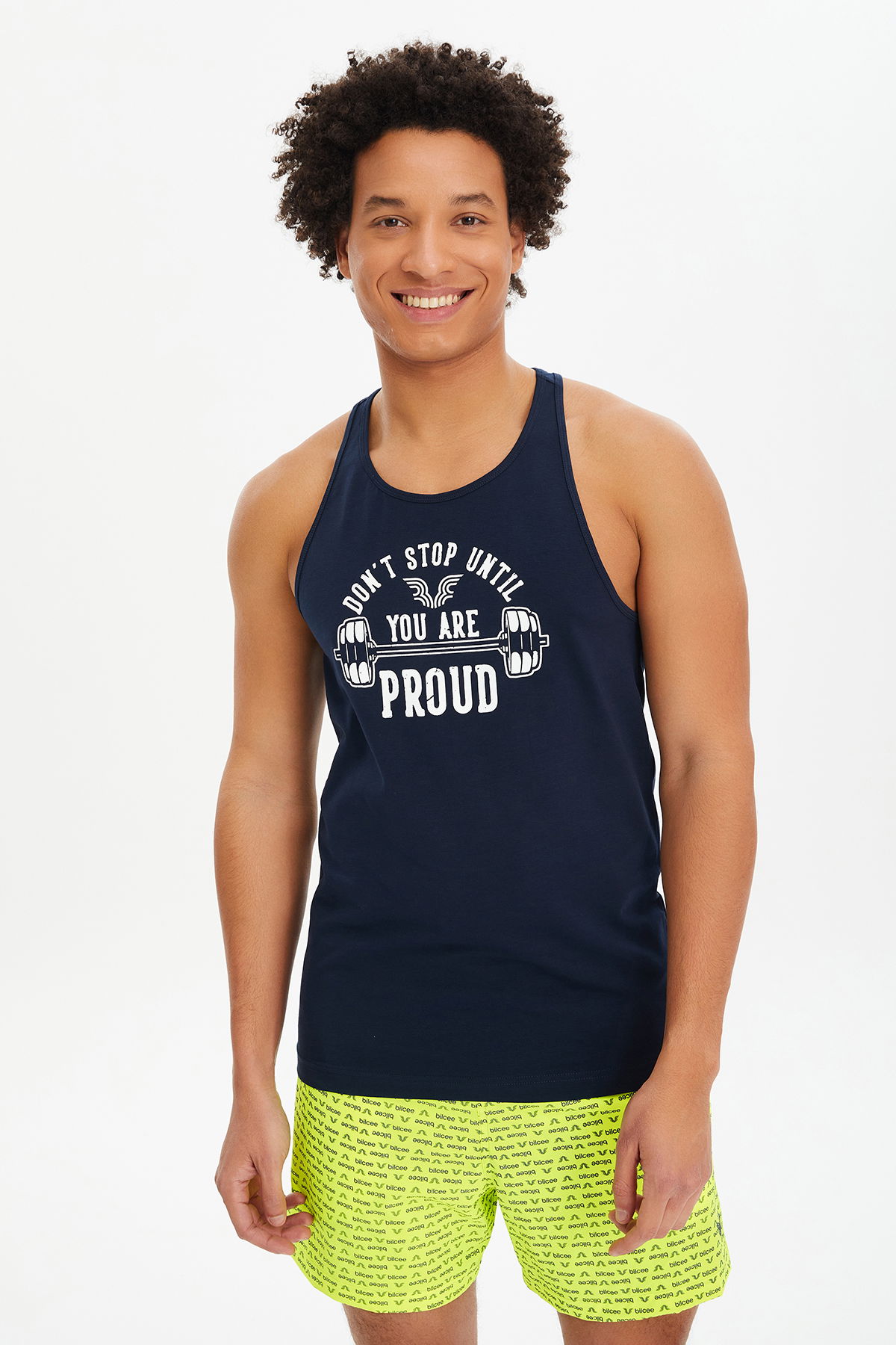 Erkek Lacivert Pamuk Antrenman Baskılı Yüzücü Atlet | 0776 - BİLCEE