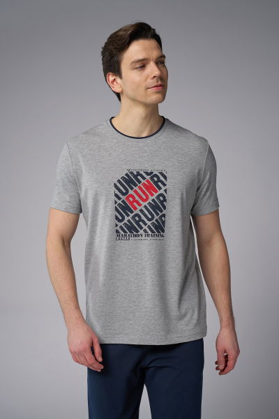Erkek Gri Melanj Pamuk Baskılı Tişört | 4084 