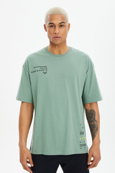 BİLCEE - Erkek Yeşil Pamuk Oversize Kısa Kollu Baskılı Tişört 0772