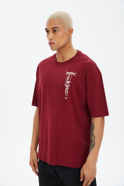 Erkek Bordo Pamuk Oversize Kısa Kollu Tişört 0684