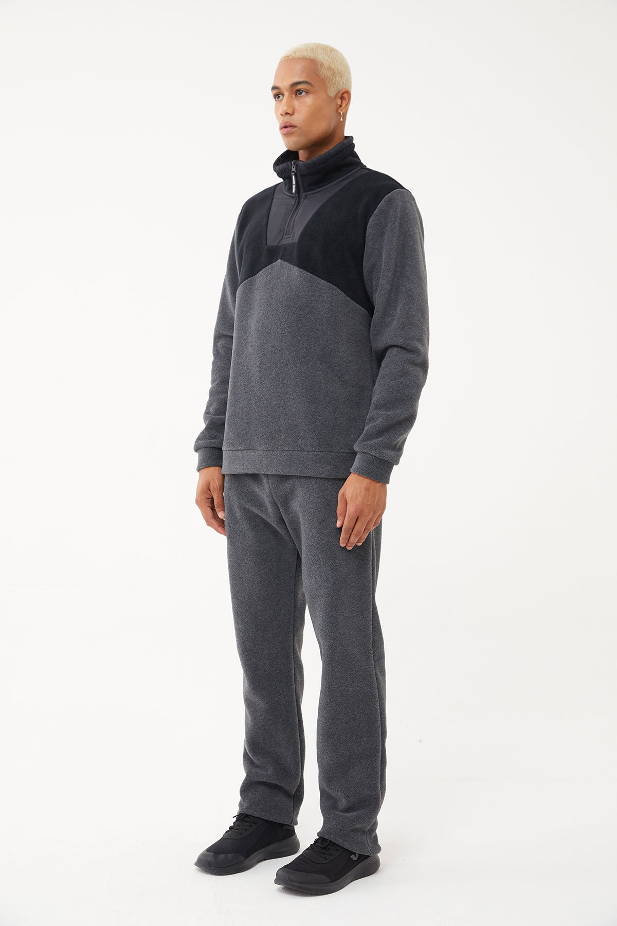 Erkek Koyu Gri Kışlık Polar Yarım Fermuarlı Sweatshirt Eşofman Takım | 1533 - Bilcee (1)