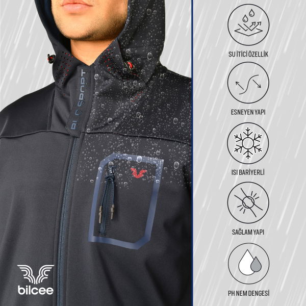 Lacivert Erkek Kapüşonlu Suya Karşı Dirençli İçi Polarlı Outdoor Mont 9343