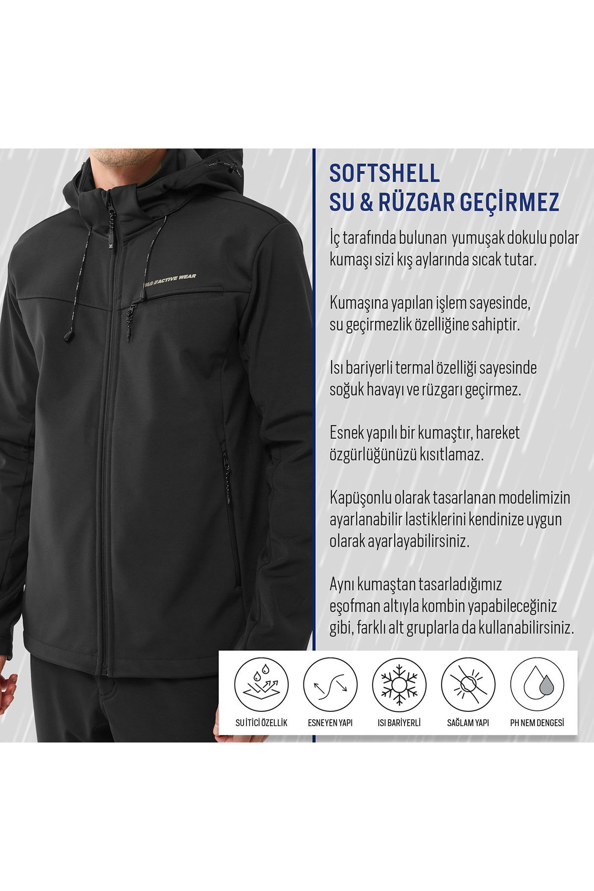Erkek Siyah Softshell Kapüşonlu Yağmur Su Geçirmez Mont | 0331 - BİLCEE (1)