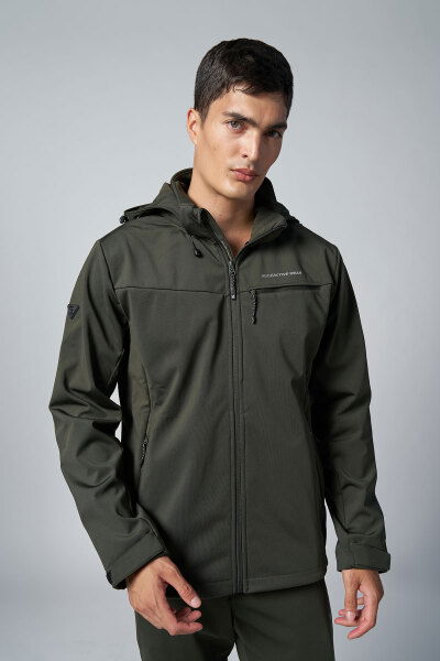 Erkek Haki Softshell Kapüşonlu Yağmur Su Geçirmez Mont | 0331 