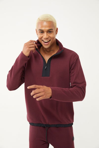 Erkek Koyu Bordo Yarım Fermuarlı Dik Yaka Sweatshirt Takım 1626 