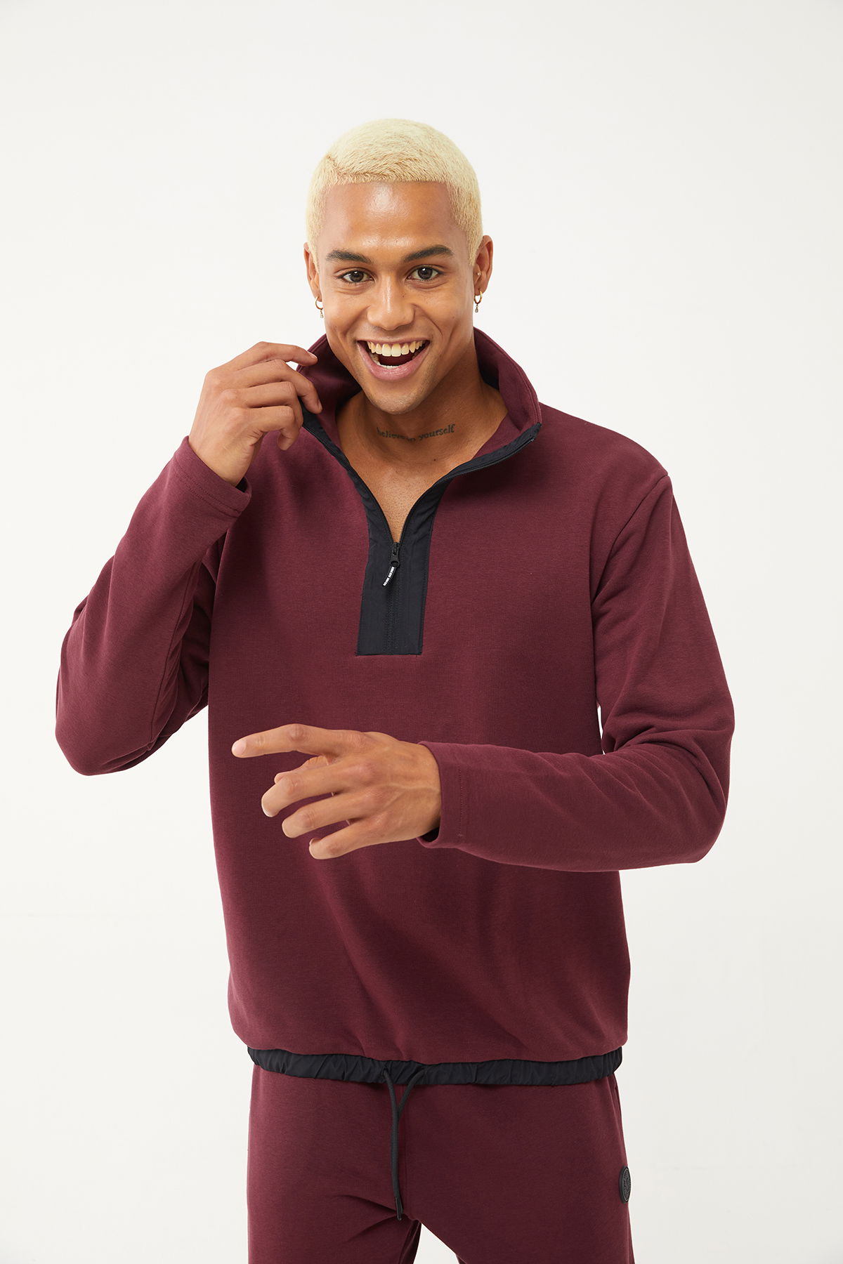 Erkek Koyu Bordo Yarım Fermuarlı Dik Yaka Sweatshirt Takım | 1626 - BİLCEE