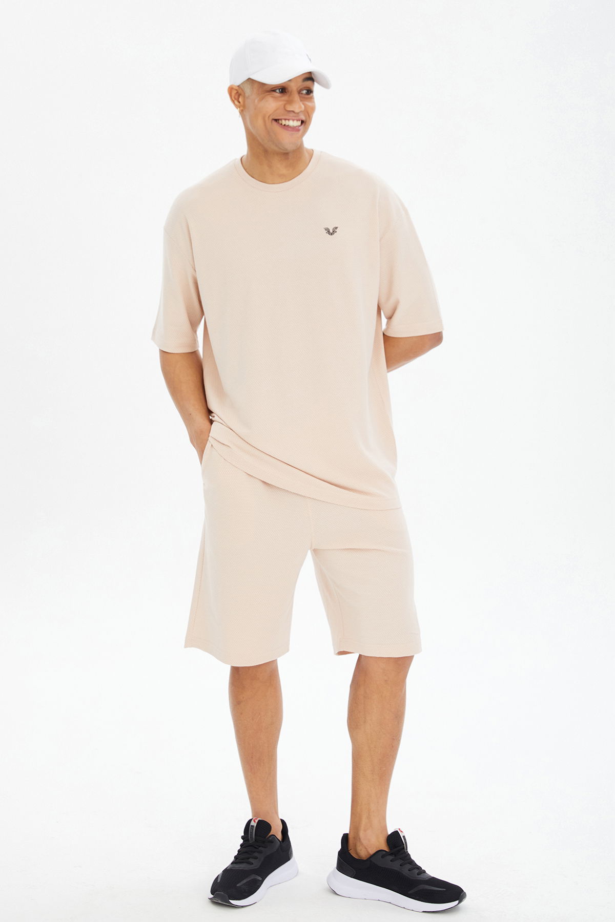Erkek Krem Yumuşak Dokulu Owersize Bisiklet Yaka Spor Tişört Şort Takım | 0690 - BİLCEE