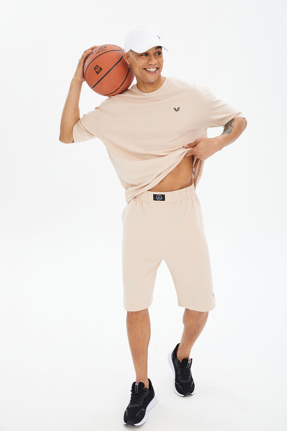 Erkek Krem Yumuşak Dokulu Owersize Bisiklet Yaka Spor Tişört Şort Takım | 0690 - BİLCEE (1)