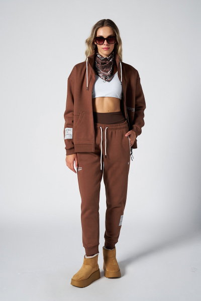 Kadın Kahverengi 3 İplik Şardonlu Lastik Paça Fermuarlı Eşofman Takım | 1595 