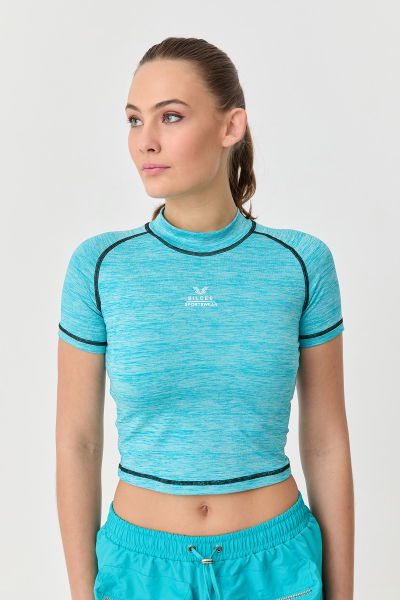 Kadın Seramik Melanj Çizgi Detaylı Athleisure Crop Tişört 9715 