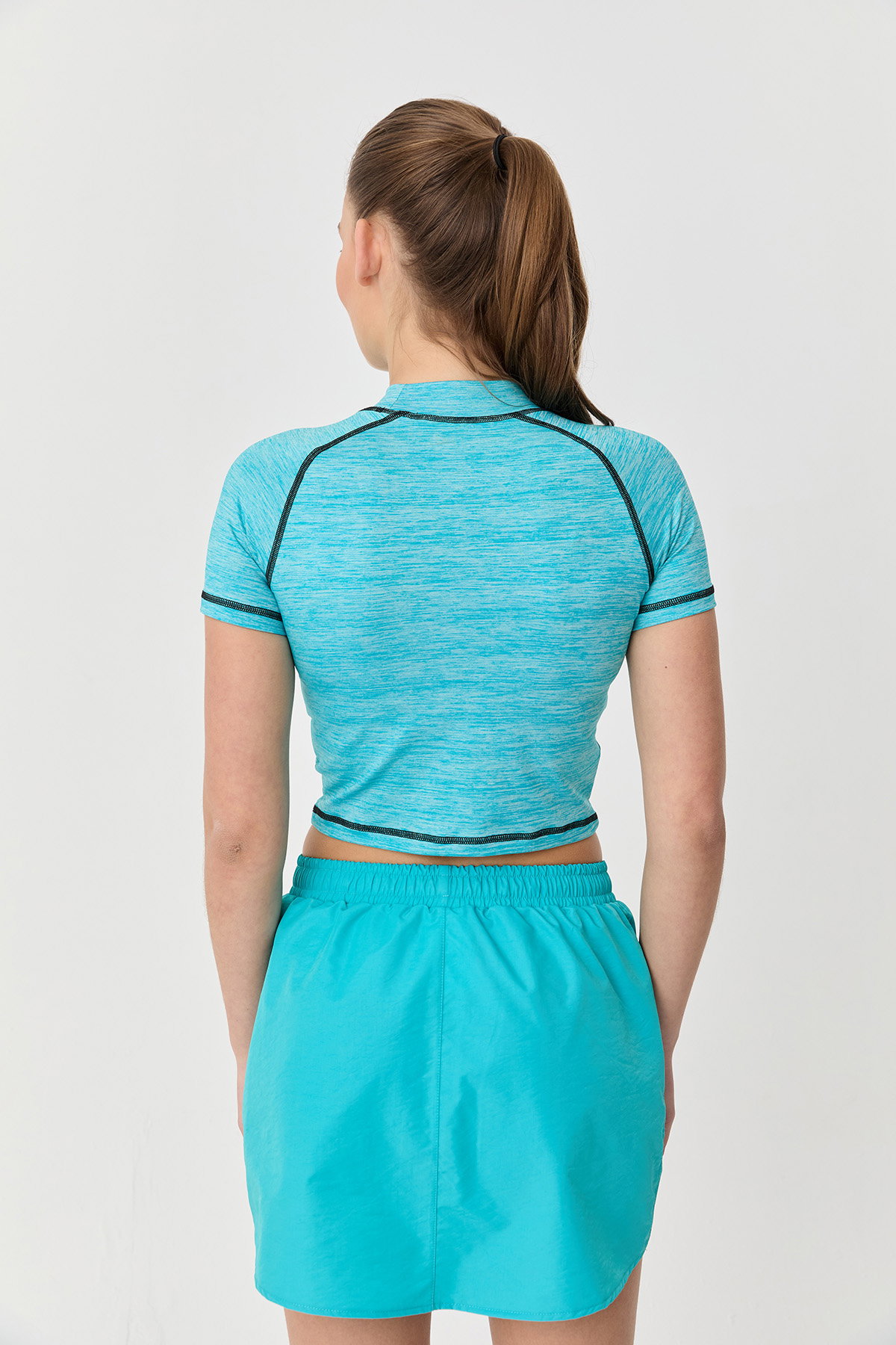 Kadın Seramik Melanj Çizgi Detaylı Athleisure Crop Tişört | 9715 - BİLCEE (1)