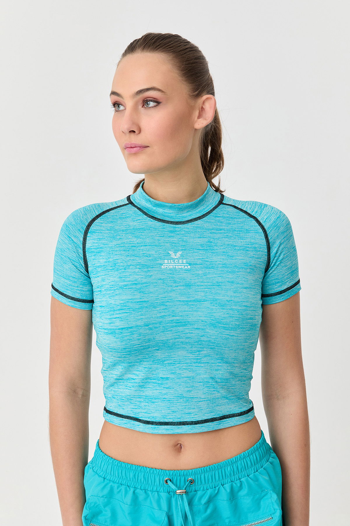 Kadın Seramik Melanj Çizgi Detaylı Athleisure Crop Tişört | 9715 - BİLCEE