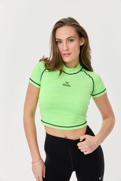 Kadın Neon Yeşil Melanj Athleisure Crop Tişört 9715 