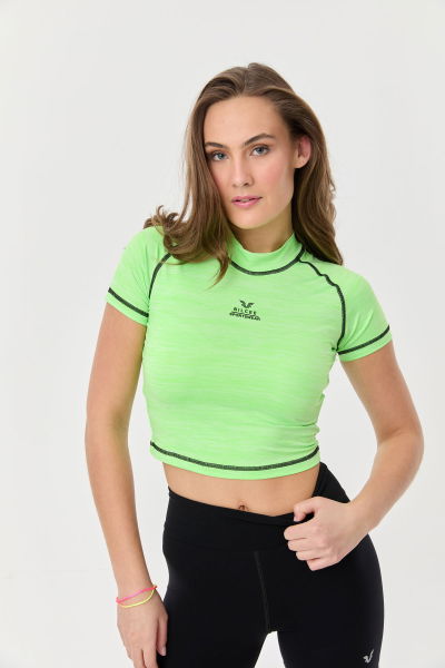 Kadın Neon Yeşil Melanj Çizgi Detaylı Athleisure Crop Tişört | 9715 