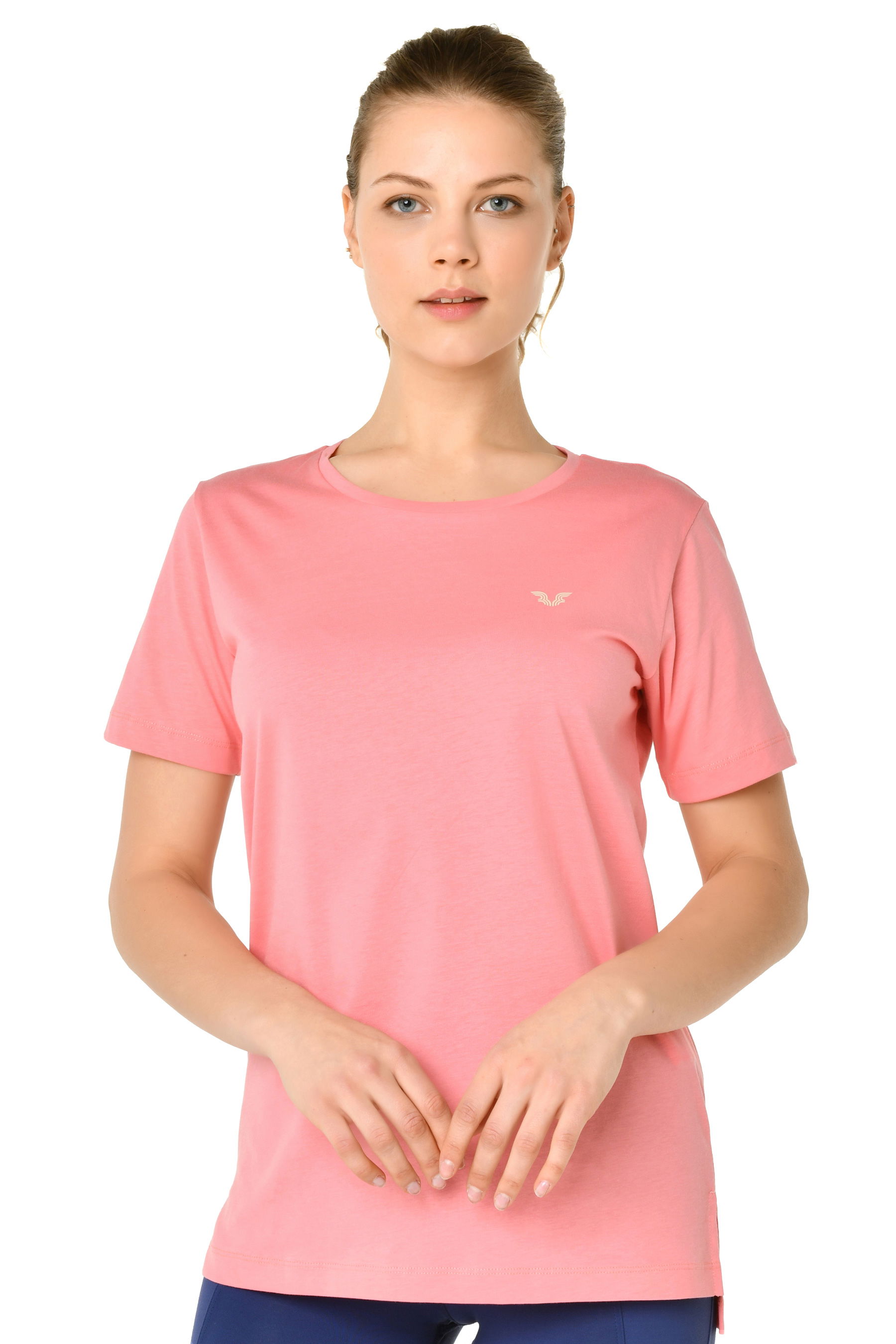 Kadın Pudra Pamuklu Bisiklet Yaka Basıc Kısa Kol Tişört | 9242 - BİLCEE