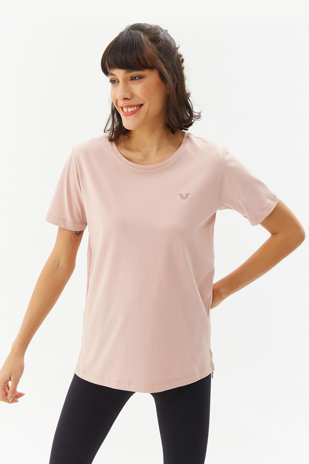 Kadın Pudra Pamuklu Bisiklet Yaka Basıc Kısa Kol Tişört | 9242 - BİLCEE