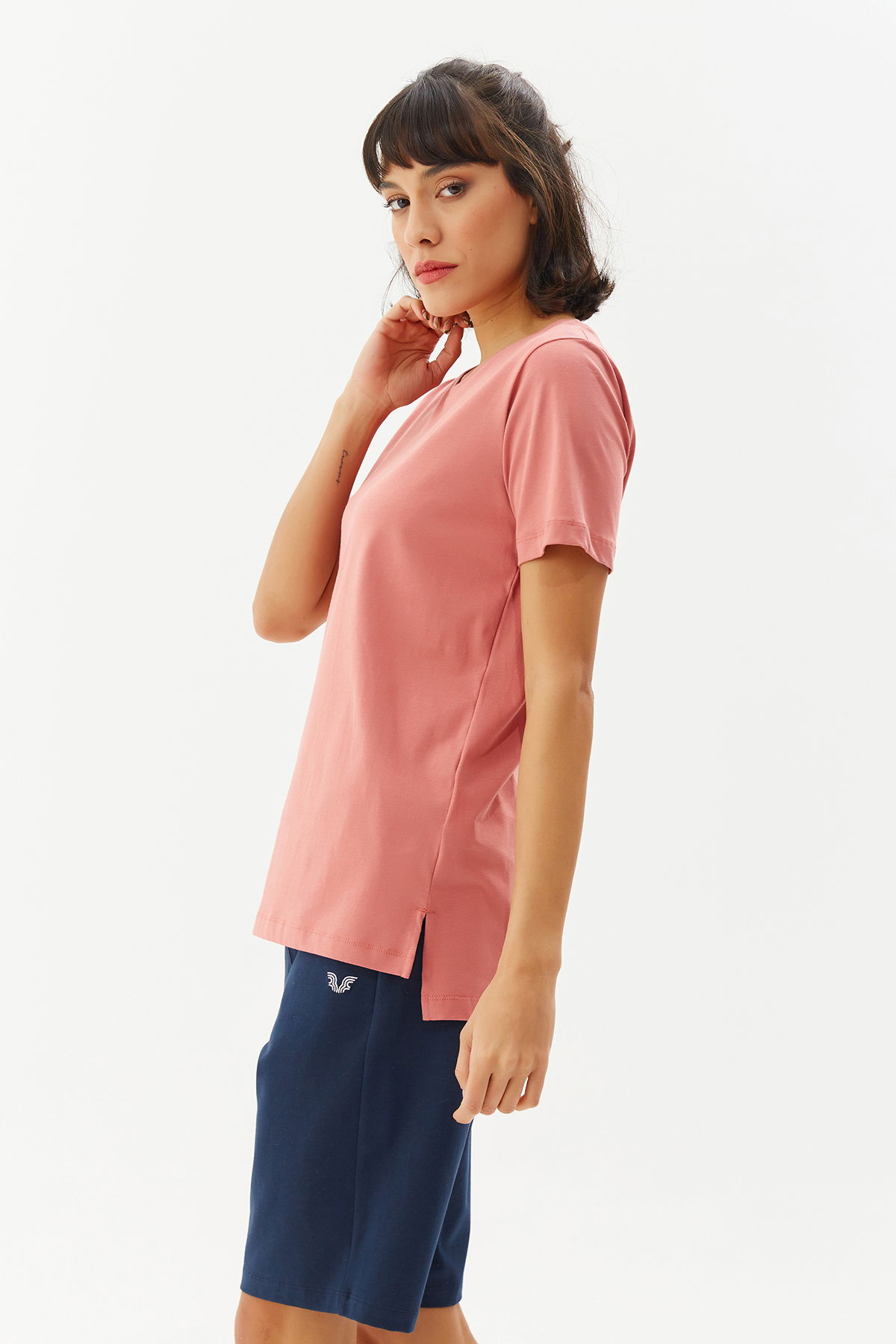 Kadın Kiremit Pamuklu Bisiklet Yaka Basıc Kısa Kol Tişört | 9242 - BİLCEE (1)