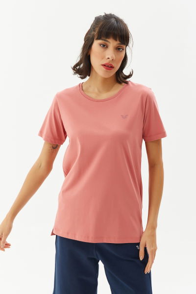 Kadın Kiremit Pamuklu Bisiklet Yaka Basıc Kısa Kol Tişört | 9242 