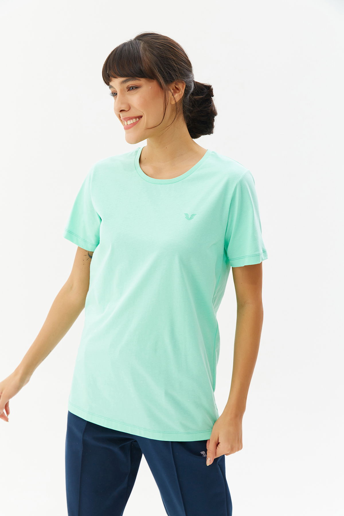 Kadın Turkuaz Pamuklu Bisiklet Yaka Basıc Kısa Kol Tişört | 9242 - BİLCEE (1)