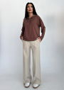 Kadın Bej Yüksek Bel Nervürlü Bol Kumaş Pantolon 4591 - 4