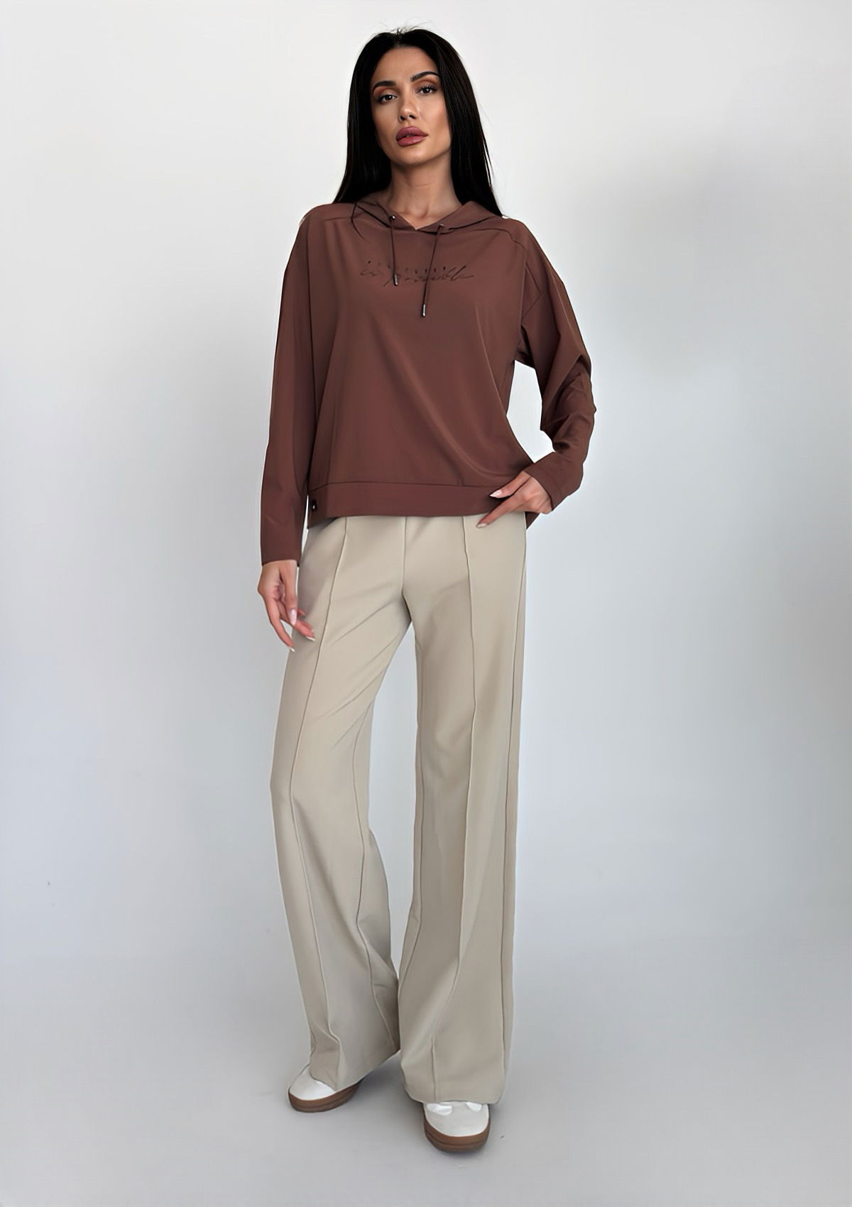 Kadın Bej Yüksek Bel Nervürlü Bol Kumaş Pantolon 4591 - BİLCEE