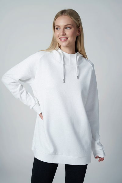  Kadın Beyaz Fırçalı Yumuşak Dokulu Kapişonlu Uzun Boy Owersize Sweatshırt |4785 