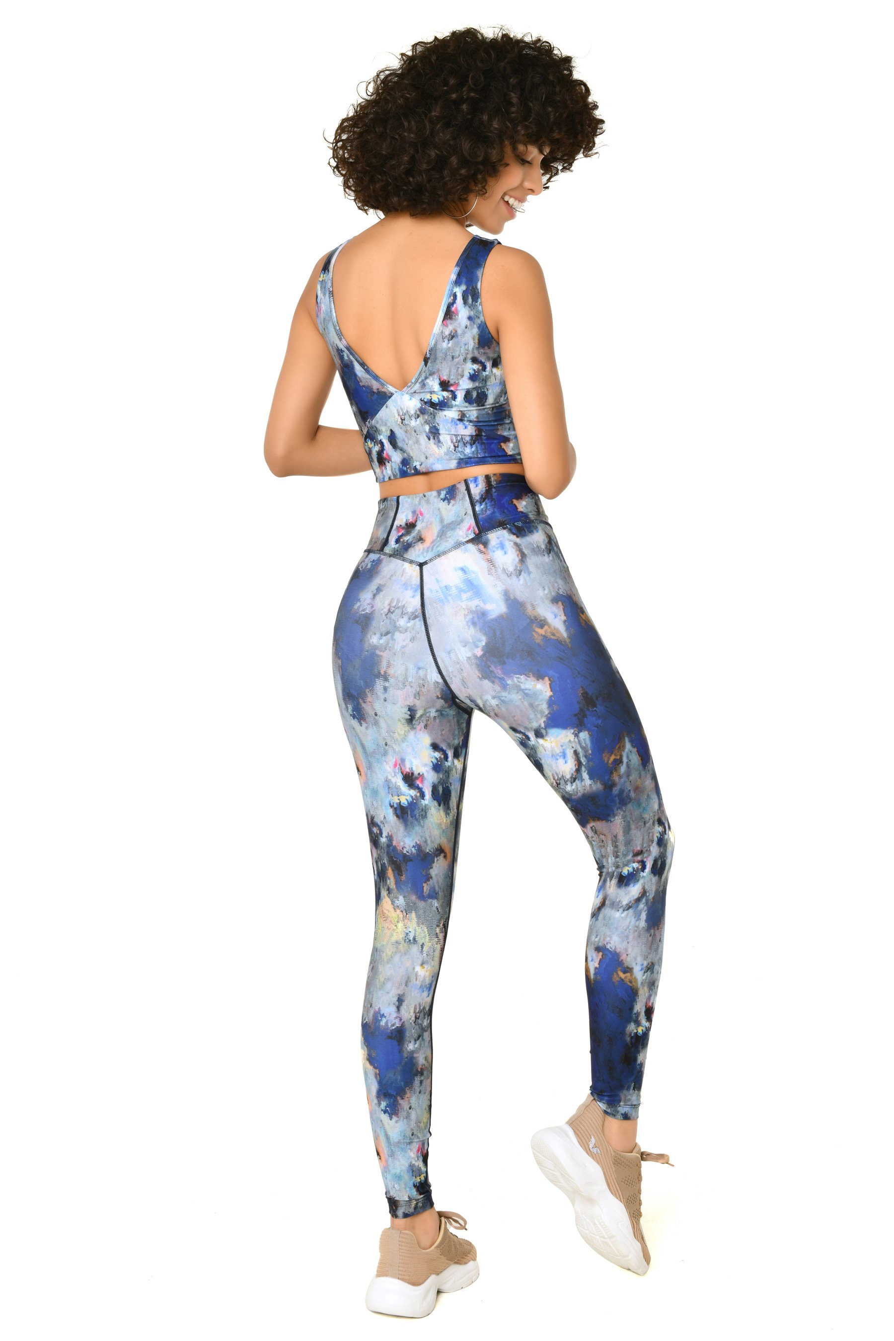 Kadın Desenli Mavi Yüksek Bel Batik Toparlayıcı Tayt 8681