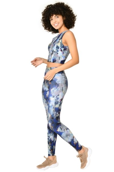 Kadın Desenli Mavi Yüksek Bel Batik Toparlayıcı Tayt 8681