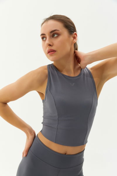 Kadın Gri Bisiklet Yaka Toparlayıcı Destekli Spor ve Günlük Destekli Crop Top Body Bra 9209 
