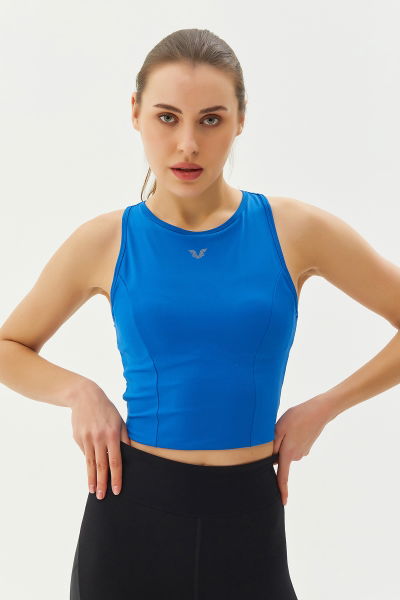 Kadın Koyu Mavi Bisiklet Yaka Toparlayıcı Destekli Spor ve Günlük Destekli Crop Top Body Bra 9209 