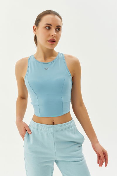 Kadın Mavi Bisiklet Yaka Toparlayıcı Destekli Spor ve Günlük Destekli Crop Top Body Bra 9209 