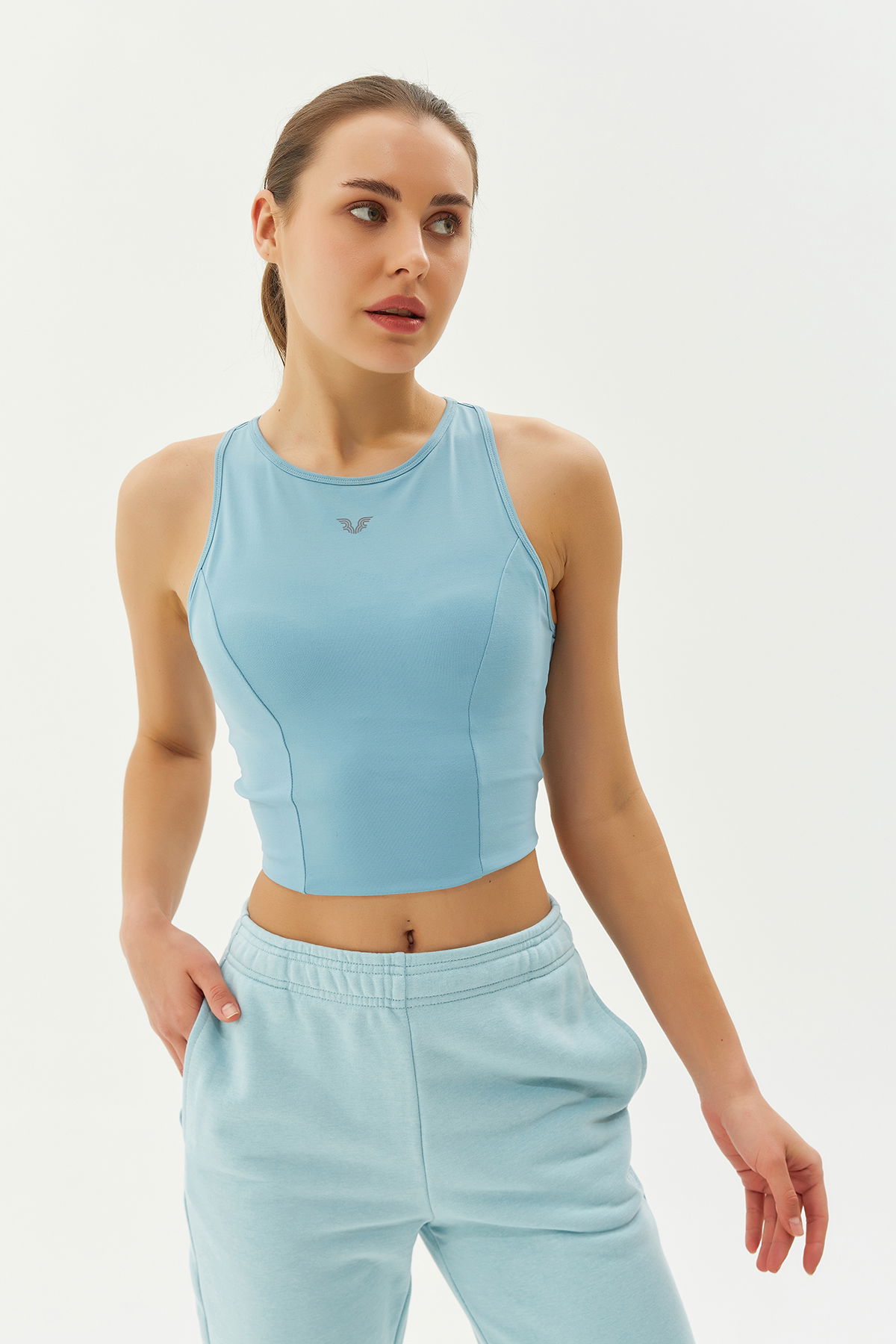 Kadın Mavi Bisiklet Yaka Toparlayıcı Destekli Spor ve Günlük Destekli Crop Top Body Bra | 9209 - BİLCEE