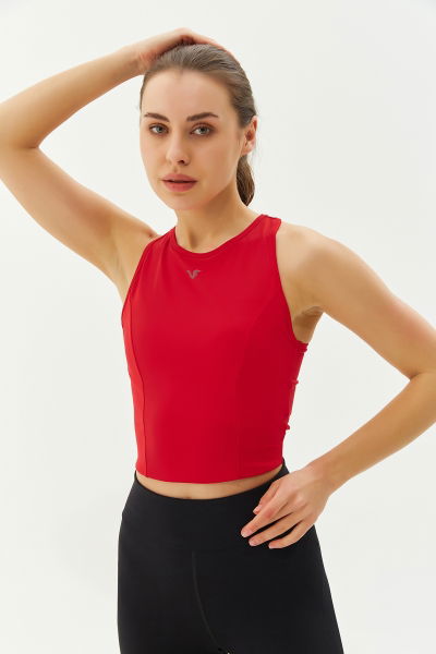 Kadın Kırmızı Bisiklet Yaka Toparlayıcı Destekli Spor ve Günlük Destekli Crop Top Body Bra 9209 